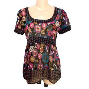 Lily White Short Sleeve Tie Back Multicolor Floral Blouse Top Small Women’s